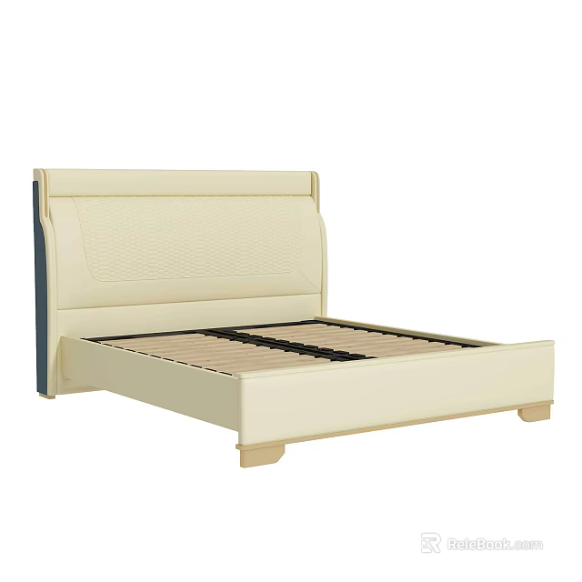 Double Bed With Beige Upholstered Headboard Modern Design And Wooden Frame 3d model 