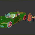 Green Sports Car With Sleek Body And Orange Seats On Reflective Surface