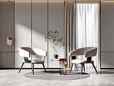 Stylish Table And Chair Set With White Armchairs Small Round Table Gray Wall Curtains And Green Plant 3d model