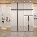 Modern Cultural Center Corridor With Glass Windows Marble Floor Wooden Ceiling And Display Wall