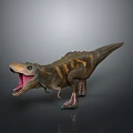 Realistic T-Rex Dinosaur With Open Mouth And Brown Black Striped Body Standing On Gray Background