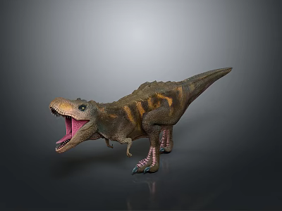 Realistic T-Rex Dinosaur With Open Mouth And Brown Black Striped Body Standing On Gray Background 3d model