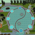 Rockery Stones in Tropical Garden Landscape with Pond Fountain Pavilion and Palm Trees