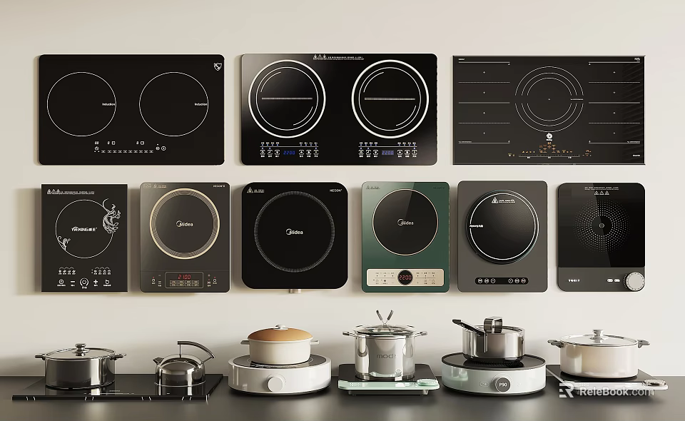 Modern Induction Cooktops With Various Pots And Pans As Kitchen Appliances 3d model 