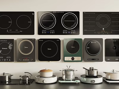 Modern Induction Cooktops With Various Pots And Pans As Kitchen Appliances 3d model