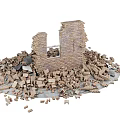 Collapsed Brick Wall with Broken Structure Surrounded by Scattered Rubble and Debris 3d model