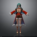 Anime Female Character With Teal Hair Red Coat Brown Shorts And Knee High Boots