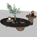 Modern Coffee Table With Black Tabletop Green Plant Vase Clock Pine Cones And Berry Bowl