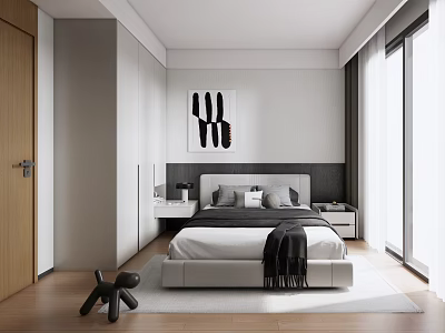 Modern Bedroom with Upholstered Bed Grey Pillows Black Blanket Bedside Tables and Abstract Wall Art 3d model