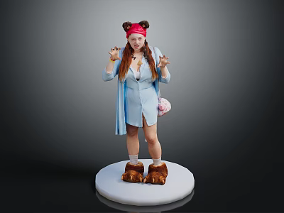 Woman Posing on White Platform with Red Headband Blue Outfit Pink Bag Brown Fuzzy Slippers 3d model