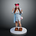Woman Posing on White Platform with Red Headband Blue Outfit Pink Bag Brown Fuzzy Slippers