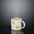 White Mug With Yellow Heart Patterns And Steam On Dark Background With Reflection 3d model