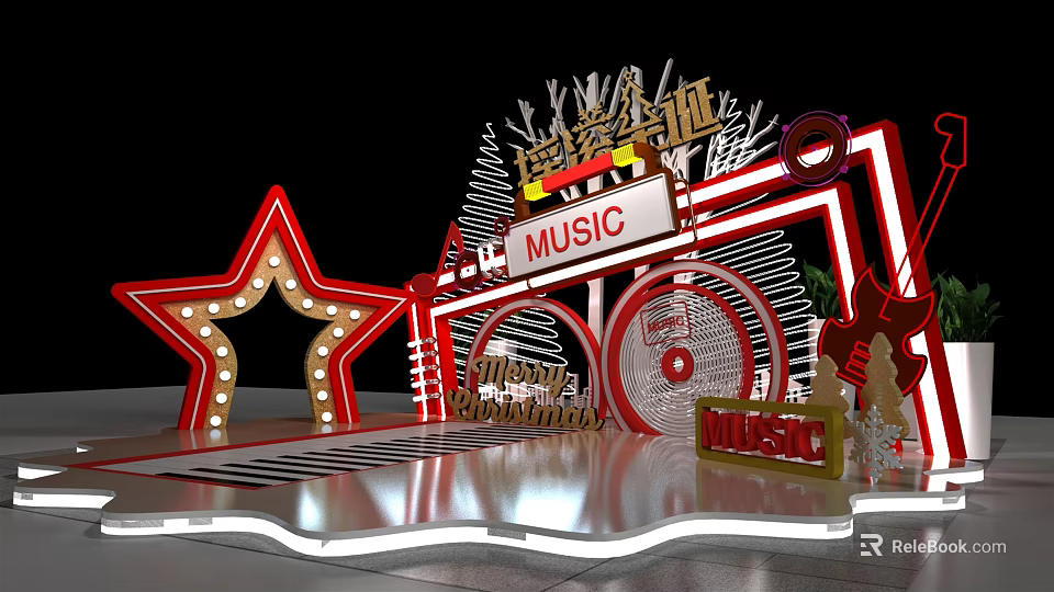 Music Theme Decor With Red Star Neon Lights And Circular Elements 3d model