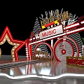 Music Theme Decor With Red Star Neon Lights And Circular Elements 3d model