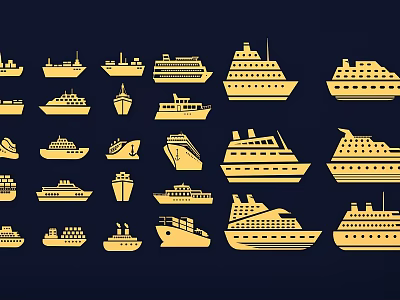 Different Ship Silhouettes in Yellow Icon Set on Dark Blue Background 3d model