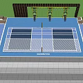 Outdoor Badminton Court With Blue Surface Yellow Frames Net And Green Surrounding Trees 3d model