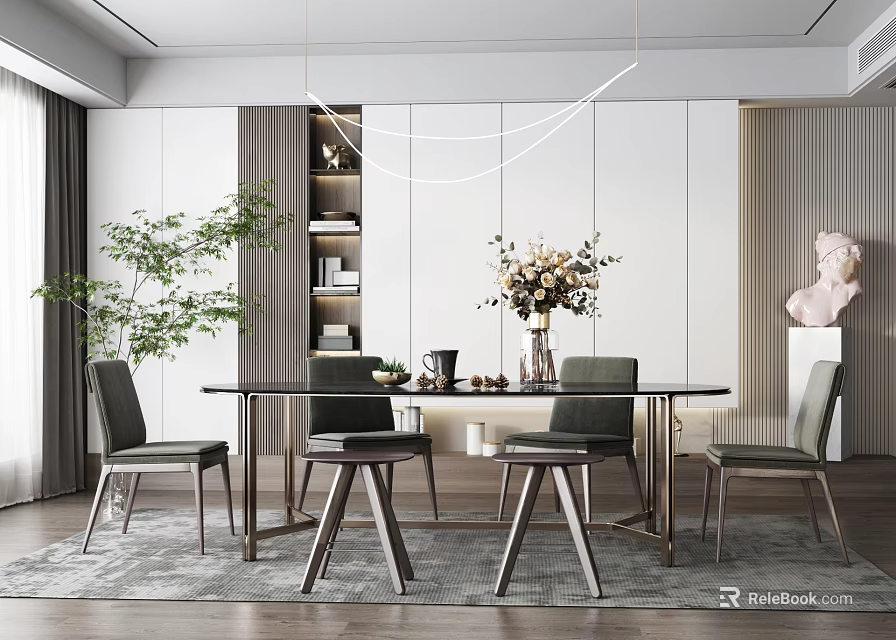 Modern Dining Room Interior with Dining Table Chairs Hanging Light Green Plant Vase and Bust Sculpture 3d model 