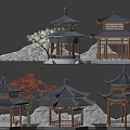Multiple Traditional Chinese Pavilions Featuring Classic Design Wooden Structures Stone Rocks And Decorative Trees