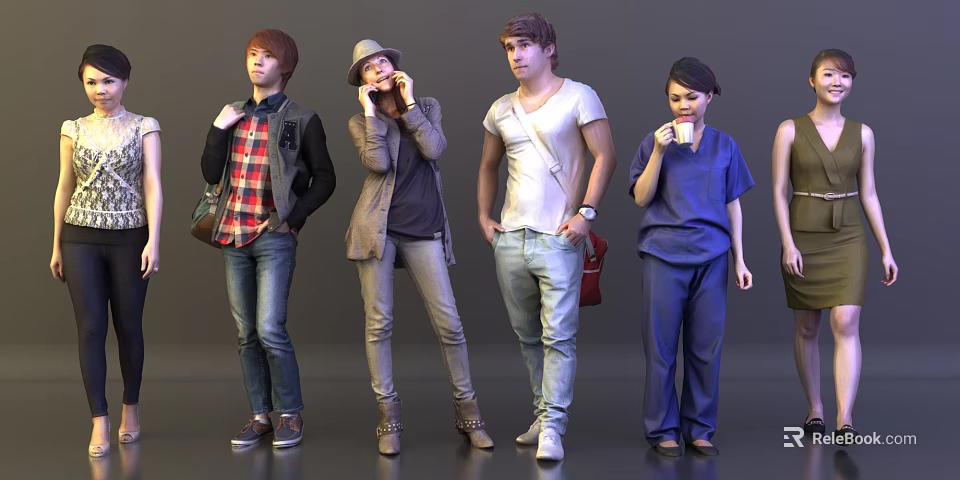 Group of People in Casual and Professional Clothing Standing with Various Poses 3d model 