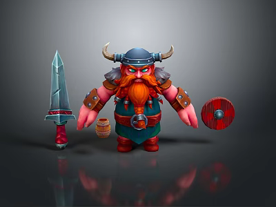 Cartoon Viking Warrior Character With Horned Helmet Red Beard Sword Shield And Barrel 3d model