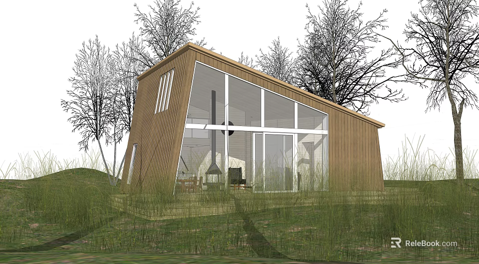 Modern Wooden B&B Building with Large Glass Windows Set in Natural Grassland and Trees 3d model 