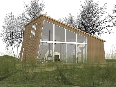 Modern Wooden B&B Building with Large Glass Windows Set in Natural Grassland and Trees 3d model