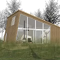 Modern Wooden B&B Building with Large Glass Windows Set in Natural Grassland and Trees