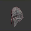 Silver Metallic Weapon Helmet With Detailed Carved Design And Reflective Surface