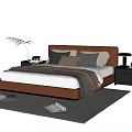 Brown Leather Headboard Double Bed With Pillows Blanket Nightstand And Rug 3d model