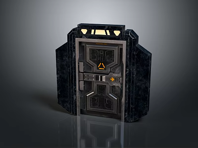 Futuristic Metal Gate With Illuminated Panels Warning Sign And Sturdy Sci Fi Structure 3d model
