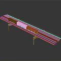 White Model Train On Elevated Railway Track With Metal Supports And Dark Background