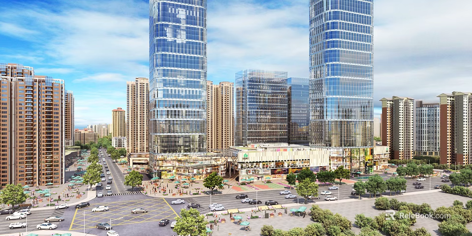 Bustling Modern Commercial Street With Glass Skyscrapers Shops Cars Trees And Pedestrians 3d model 