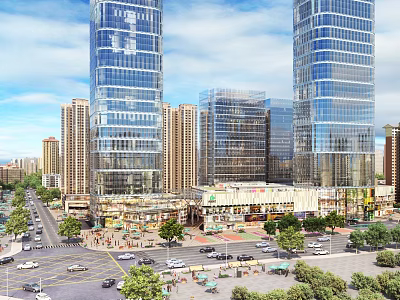 Bustling Modern Commercial Street With Glass Skyscrapers Shops Cars Trees And Pedestrians 3d model