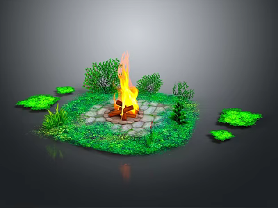 Garden Ornament with Burning Fire Pit Lush Green Plants and Stone Slab Surroundings 3d model