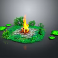Garden Ornament with Burning Fire Pit Lush Green Plants and Stone Slab Surroundings