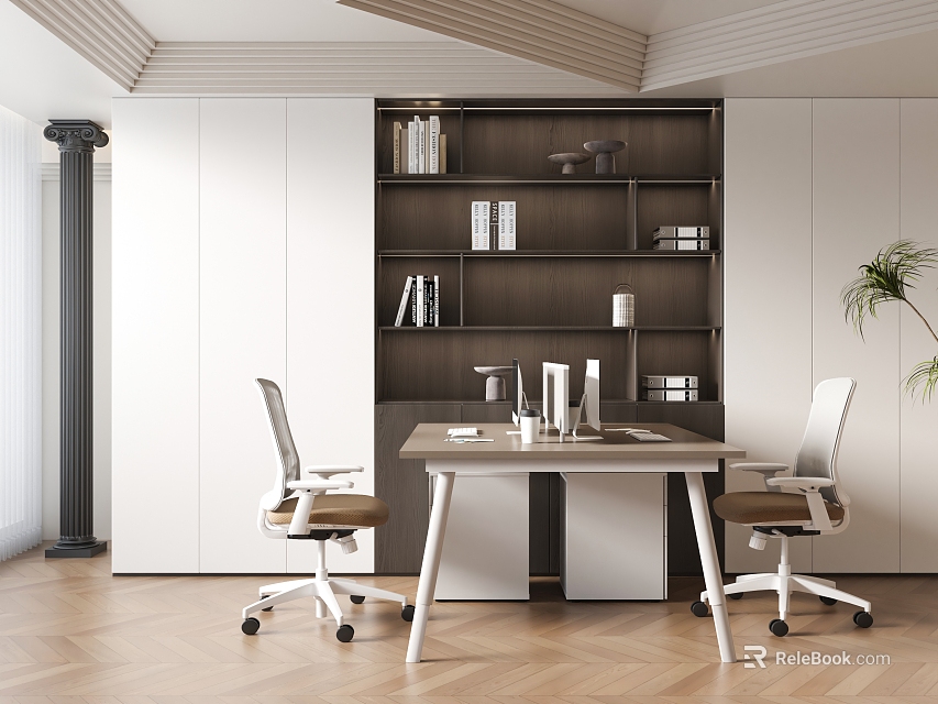 Modern Office Interior With Wooden Desk Ergonomic Chairs Dark Bookshelf White Cabinets And Potted Plant 3d model 