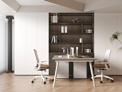 Modern Office Interior With Wooden Desk Ergonomic Chairs Dark Bookshelf White Cabinets And Potted Plant 3d model
