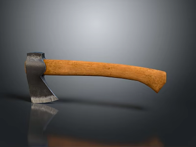 Vintage Metal Axe With Smooth Wooden Handle On Dark Reflective Background 3d model