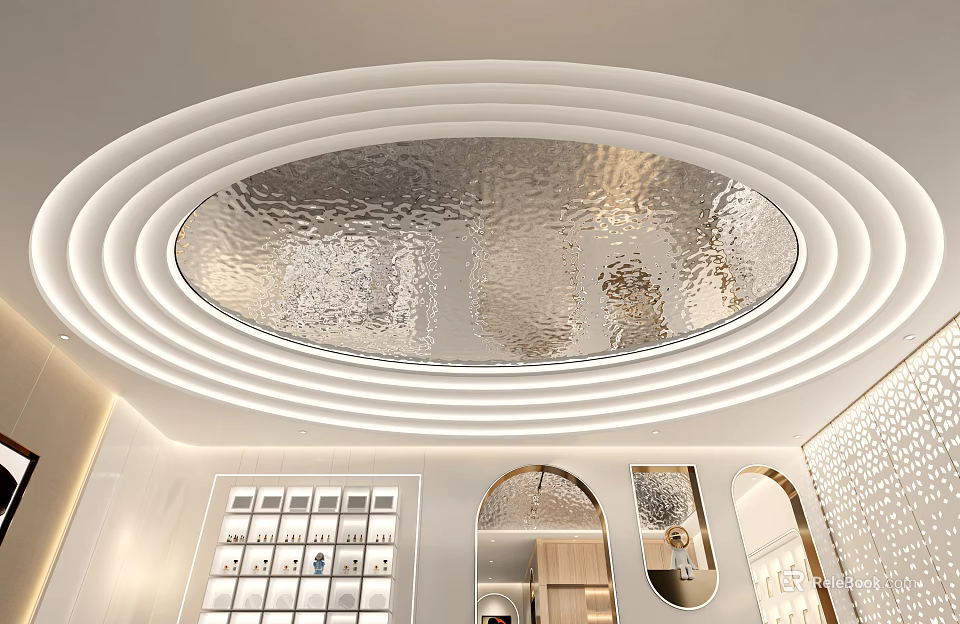 Modern Interior Circular Layered Ceiling Design With Silver Glass And Recessed Lighting 3d model 