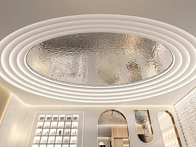Modern Interior Circular Layered Ceiling Design With Silver Glass And Recessed Lighting 3d model