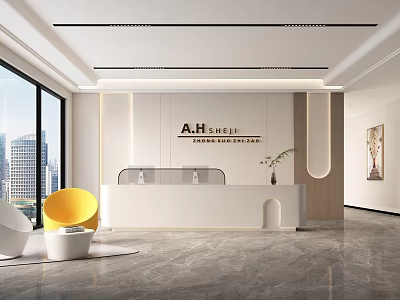 Modern Front Desk Reception Area With Sleek Counter Decorative Plants And Large Windows 3d model