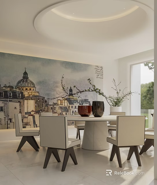 Modern Restaurant Interior With Round Dining Table White Chairs And City Wall Mural 3d model 