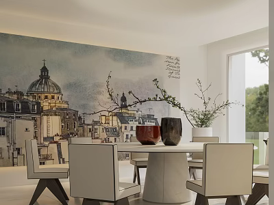 Modern Restaurant Interior With Round Dining Table White Chairs And City Wall Mural 3d model