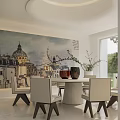Modern Restaurant Interior With Round Dining Table White Chairs And City Wall Mural