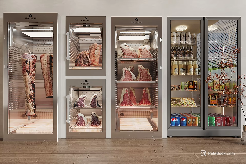 Commercial Refrigerators And Freezers With Glass Doors Meat Storage Beverages And Bottled Items 3d model 