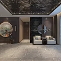 Elegant Chinese Storefront Reception With Marble Desk Black Counter Mirrored Ceiling Chandelier And Potted Plant