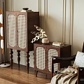 Stylish Wooden Decorative Cabinets With Rattan Doors And Floor Lamp In Elegant Interior