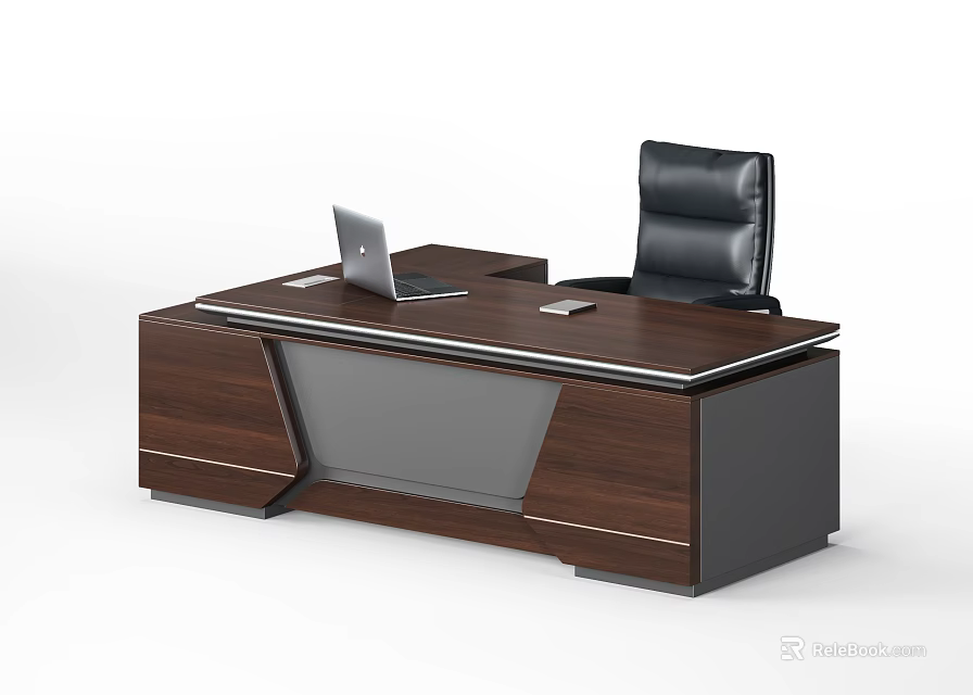 Modern Wooden Office Desk With Gray Panel Laptop And Black Office Chair 3d model 