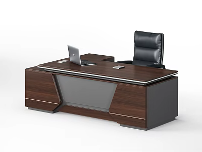 Modern Wooden Office Desk With Gray Panel Laptop And Black Office Chair 3d model