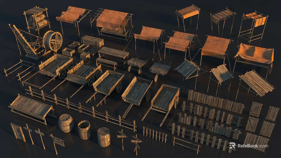 Traditional Medieval Scene Components Including Wooden Carts Frames Barrels And Fences 3d model 
